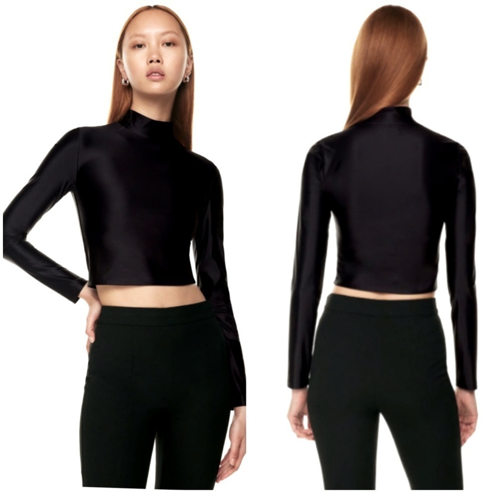 Aritzia Babaton Satinette Mockneck Long sleeve Top Cropped in Black Size Small